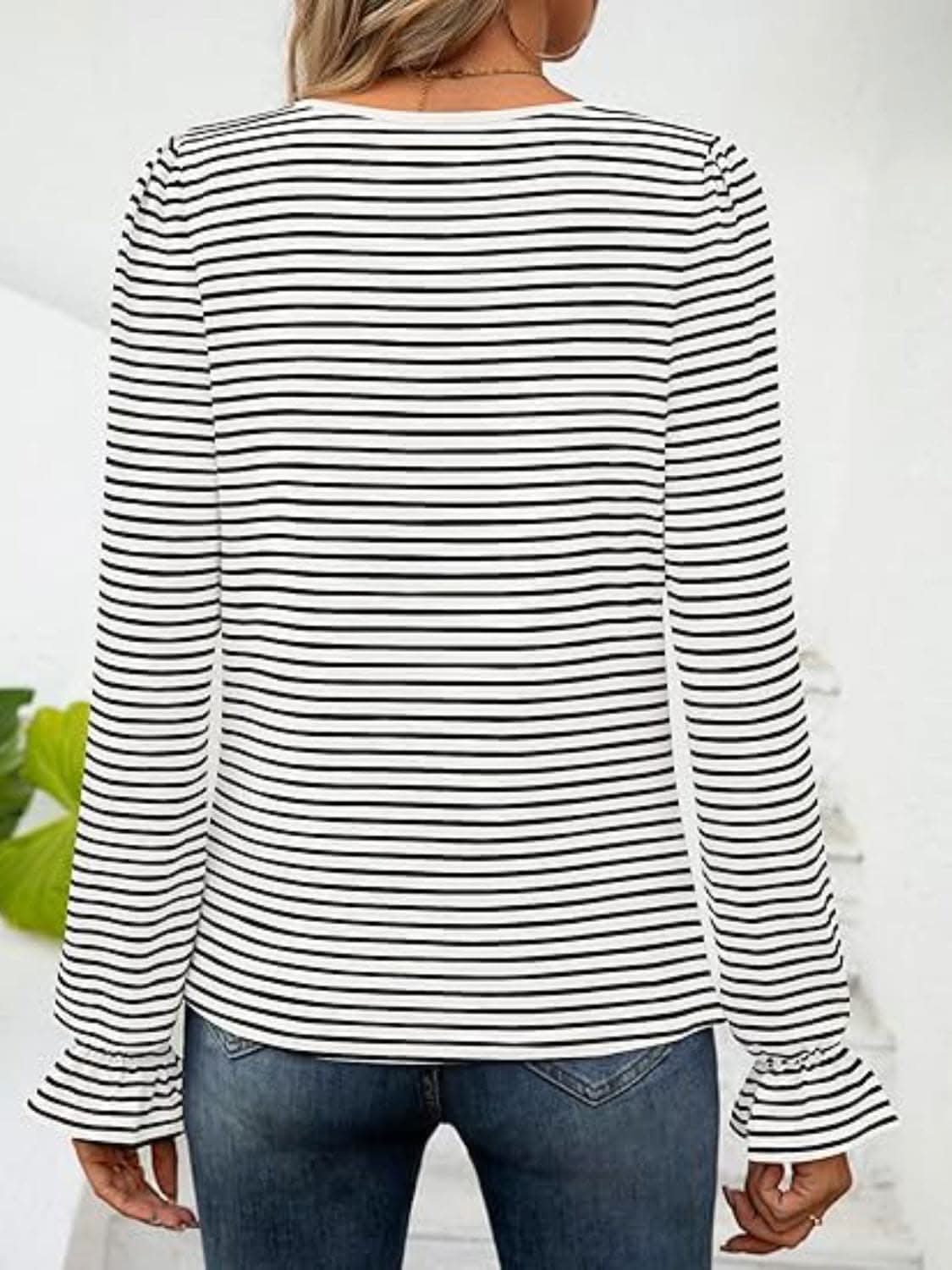 Chic striped flounce sleeve top - Love Salve